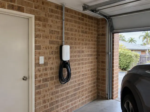 EV charger mounted on a brick garage wall beside a side door in a home garage in Helensvale