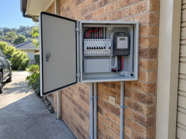 Open external switchboard cabinet on a brick house wall beside a driveway in Nerang